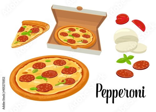 Whole pizza and slices of pizza pepperoni in open white box. Isolated vector flat illustration on white background. For poster, menus, logotype, brochure, web, delivery business, food box and icon.
