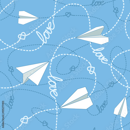 Paper Planes with Tangled Lines Seamless Pattern. Repeating abstract background with paper planes, hearts and dashed tangled lines.
