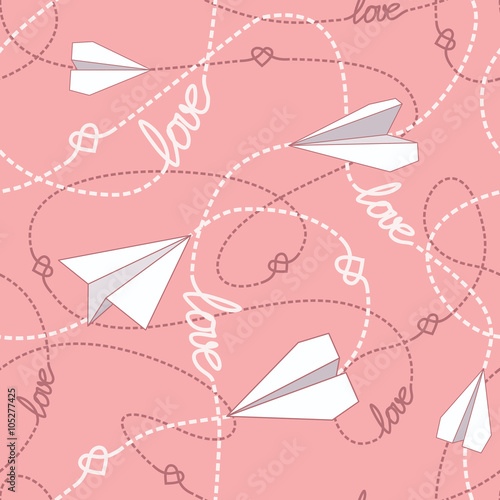 Paper Planes with Tangled Lines Seamless Pattern. Repeating abstract background with paper planes, hearts and dashed tangled lines.