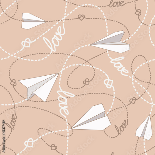 Paper Planes with Tangled Lines Seamless Pattern. Repeating abstract background with paper planes, hearts and dashed tangled lines.