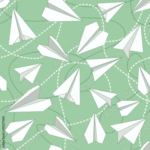 Paper Planes with Tangled Lines Seamless Pattern. Repeating abstract background with paper planes and dashed tangled lines.