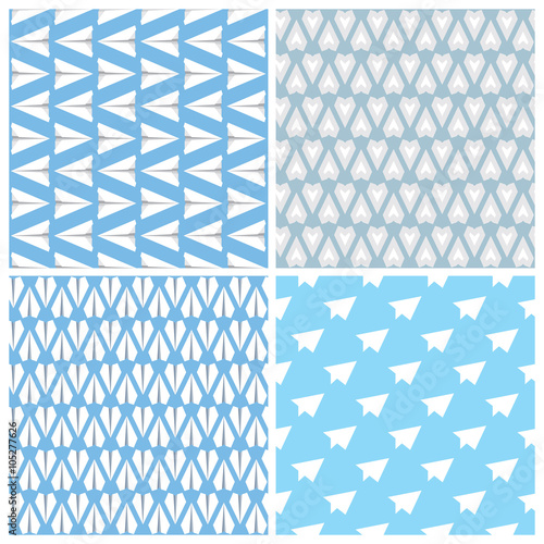 Paper Planes Seamless Pattern Set. Four Repeating Abstract Backgrounds with Paper Planes Symbol.