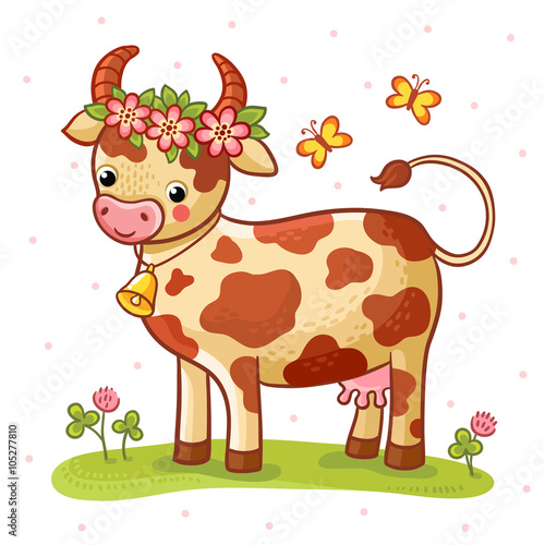 Vector illustration. Cartoon cow that stands on a lawn with flowers and butterflies.