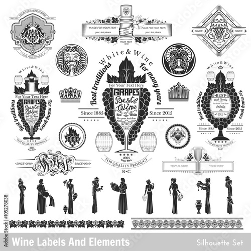 big set of wine labels and elements. Isolated black on white