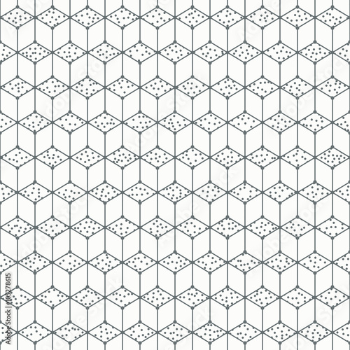 Geometric line seamless cube pattern with rhombuses. Wrapping paper. Polygonal tiling. Vector illustration. Background. Optical illusion effect. Graphic texture with randomly disposed spots.