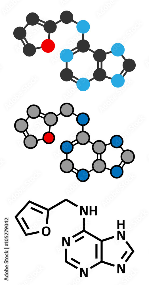Kinetin (N6-furfuryladenine) plant hormone molecule. Kinetin (N6-furfuryladenine) plant hormone molecule.