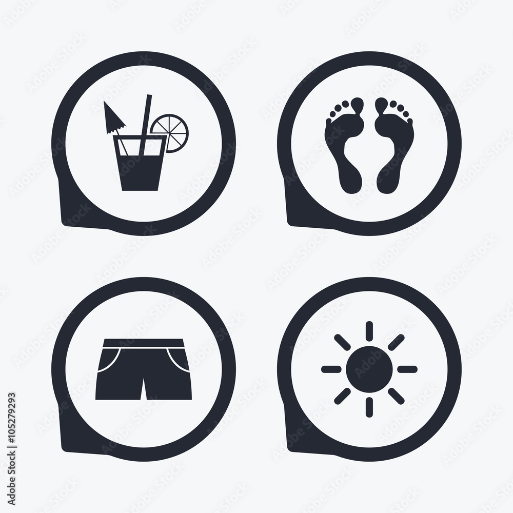 Beach holidays icons. Cocktail, human footprints Beach holidays icons. Cocktail, human footprints