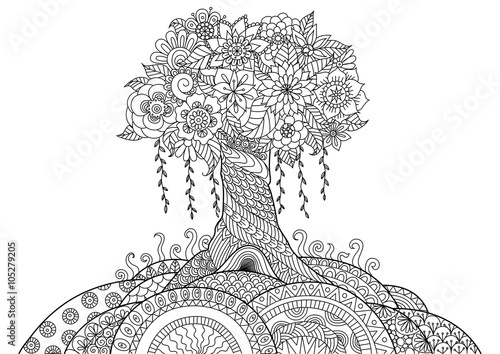 Abstract tree on the hill line art design for coloring book