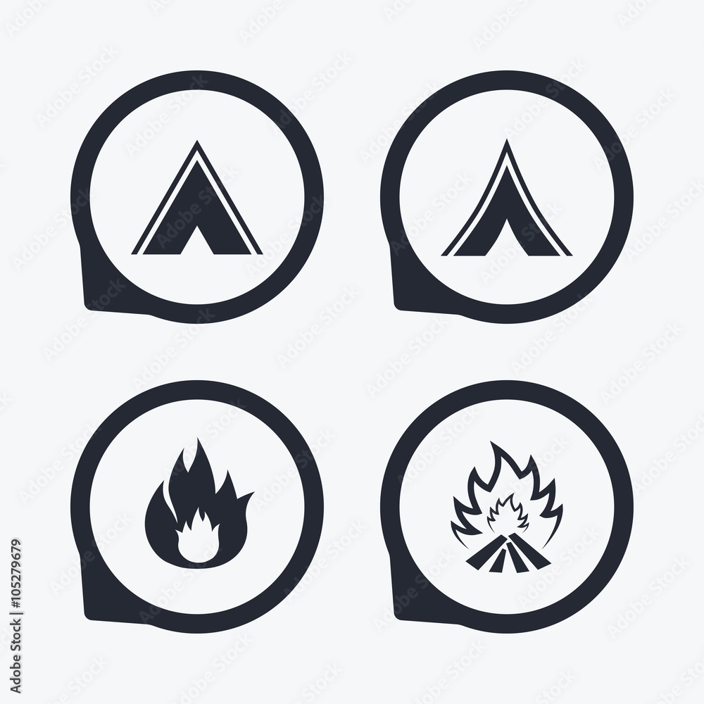 Tourist camping tent signs. Fire flame icons. Tourist camping tent signs. Fire flame icons.