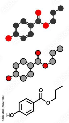 Propyl paraben preservative molecule. Used in food and cosmetics.