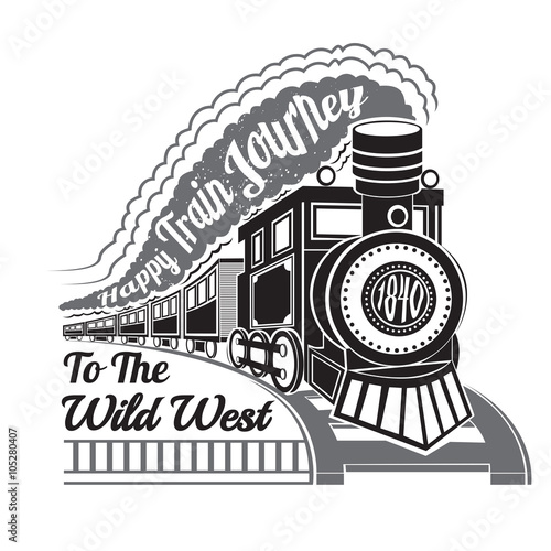 old locomotive with wagons and text happy train journey in smoke label on white background