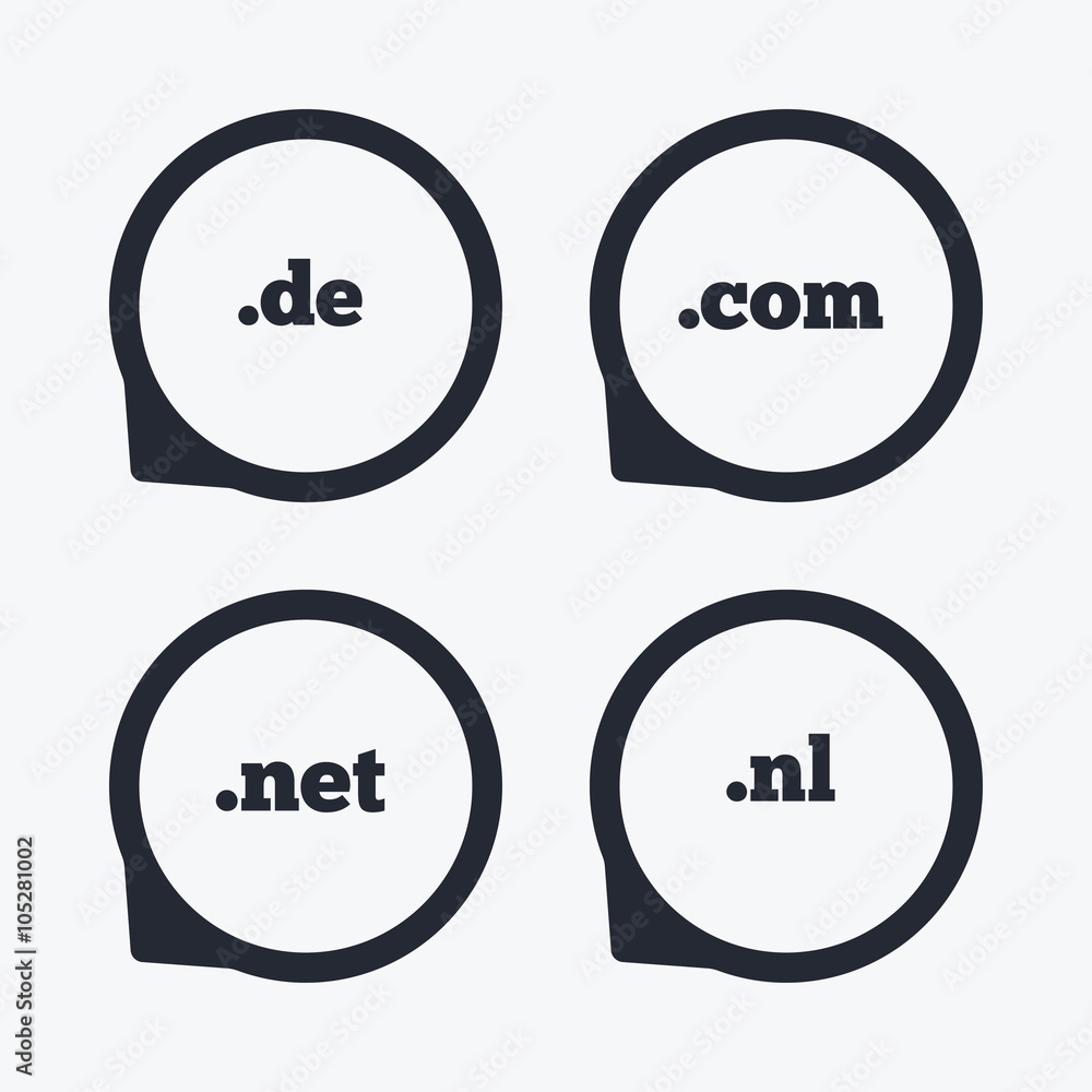 Top-level domains signs. De, Com, Net and Nl. Top-level domains signs. De, Com, Net and Nl.