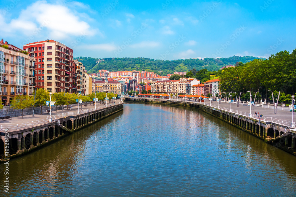 Bilbao city downtown with a Nevion River