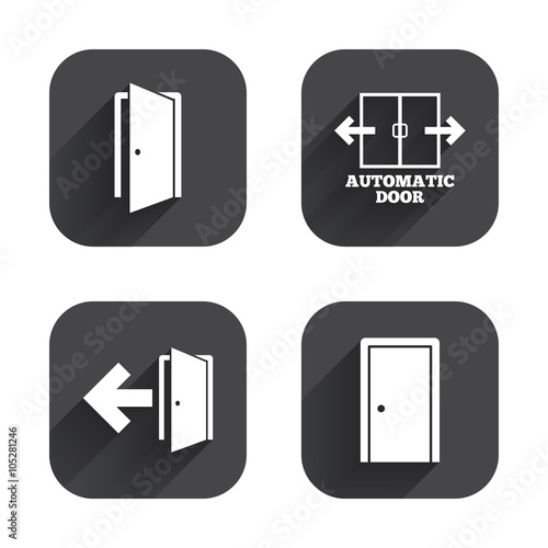 Doors signs. Emergency exit with arrow symbol.