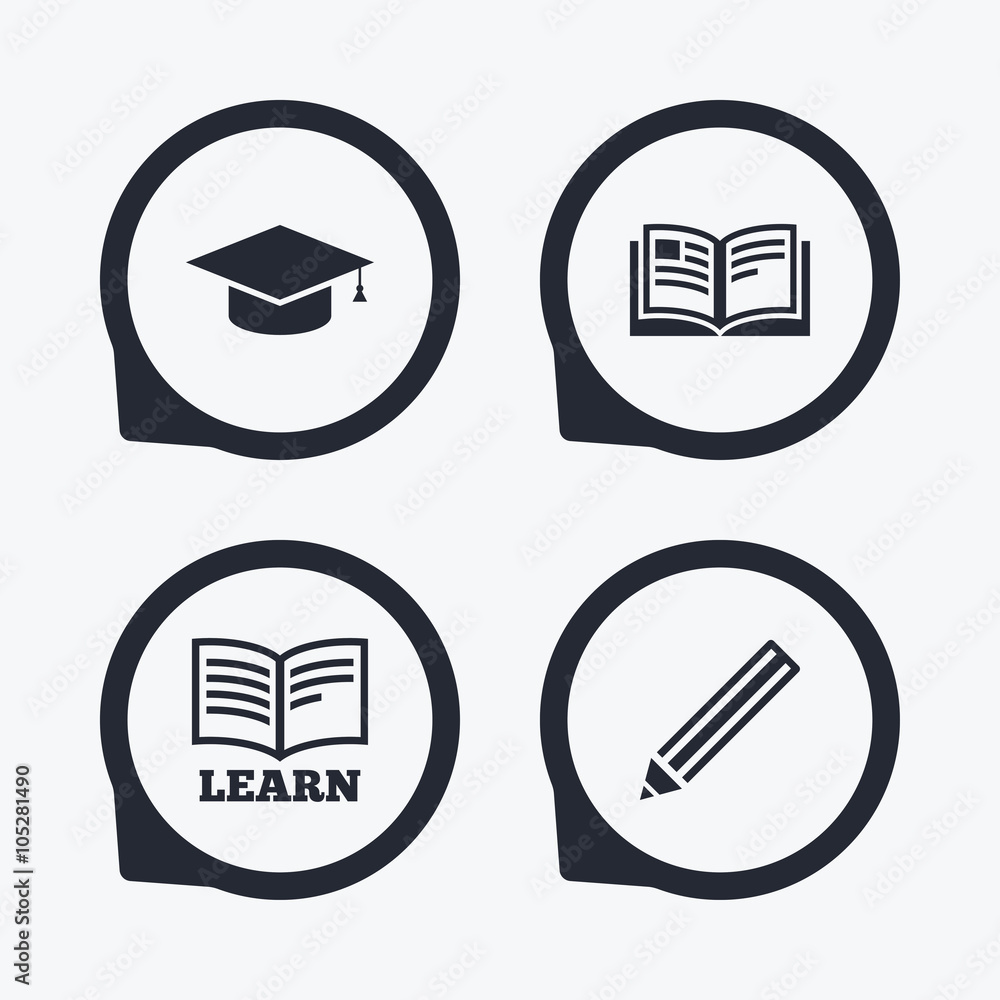 Pencil and open book signs. Graduation cap icon. Pencil and open book signs. Graduation cap icon.