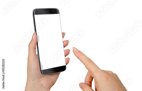 Modern black smart phone in woman hand. White screen for mockup, isolated.