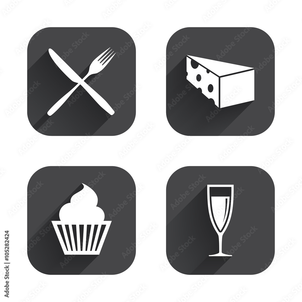 Food icons. Muffin cupcake symbol. Fork, knife.