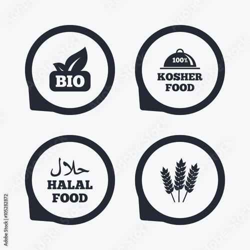 Natural Bio food icons. Halal and Kosher signs.