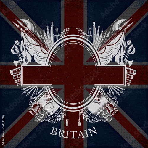 White Coat of Arms With Oval Frame and Vintage Weapons on Britain Flag Background. Brand or T-shirt style