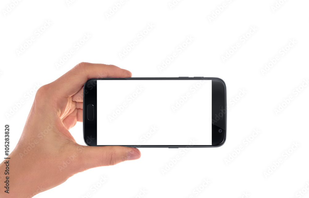 Modern black smart phone in man hand in horizontal position. White screen for mockup, isolated. Modern black smart phone in man hand in horizontal position. White screen for mockup, isolated.