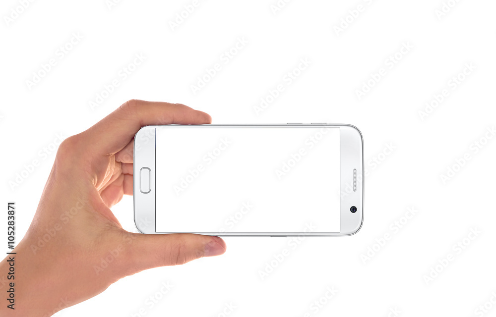 Modern white smart phone in man hand in horizontal position. White screen for mockup, isolated. Modern white smart phone in man hand in horizontal position. White screen for mockup, isolated.