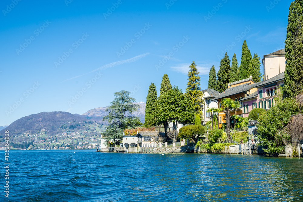 Obraz premium View of Piazza Motta in Orta San Giulio from a Taxi boat, Lake Orta, Piedmont, Italy