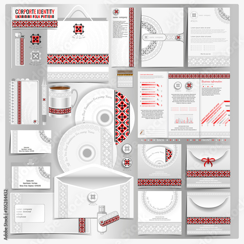 White corporate identity template with Ukrainian folk pattern. Vector company style for brandbook and guideline