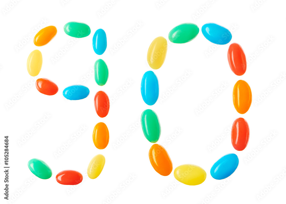 90 number made of multicolored candies isolated on white