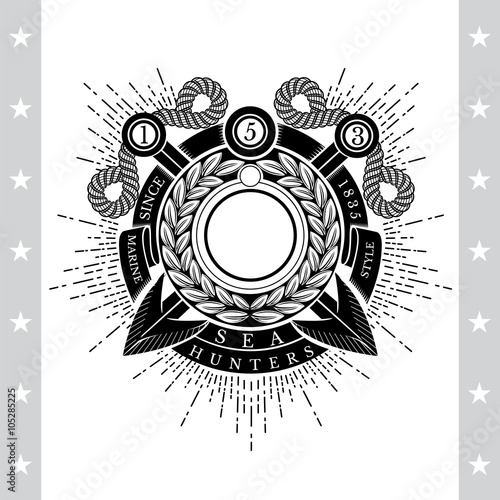 Round Wreath With Cross harpoons. Sea Vintage Black Label Isolated On White