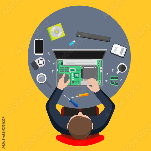 Computer service. Man repairing computer, PC repairer.