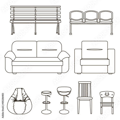 Black and white set of seats. Icon set of modern furniture chair and sofa . Vector. Illustration