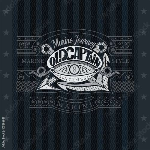 Sailor Cap in Centre And Harpoon And Anchor Cross Behind. Sea Vintage Label On Blackboard