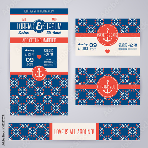 Set of romantic wedding invitations in marine style.