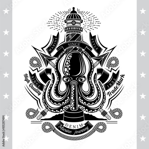 Octopus with Cross Harpoons and Lighthouse Behinde. Sea Vintage Black Label Isolated On White