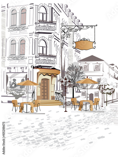 Series of backgrounds decorated with old town views and street cafes.