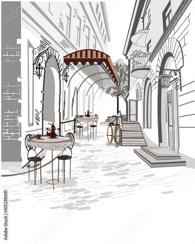 Series of backgrounds decorated with old town views and street cafes.