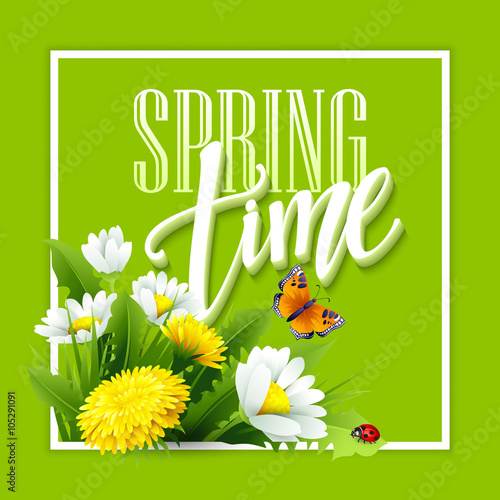 Inscription Spring Time on background with spring flowers. Spring floral background. Spring flowers. Spring flowers background design for spring