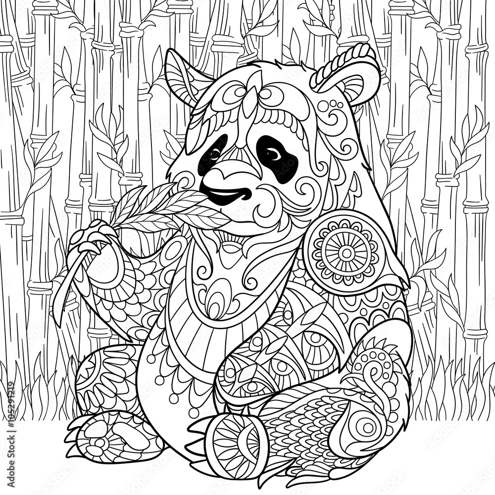 Naklejka premium Zentangle stylized cartoon panda sitting among bamboo stems. Sketch for adult antistress coloring page. Hand drawn doodle, zentangle, floral design elements for coloring book.