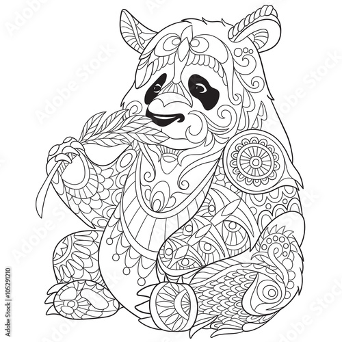Fototapeta Naklejka Na Ścianę i Meble -  Zentangle stylized cartoon panda, isolated on white background. Sketch for adult antistress coloring page. Hand drawn doodle, zentangle, floral design elements for coloring book.