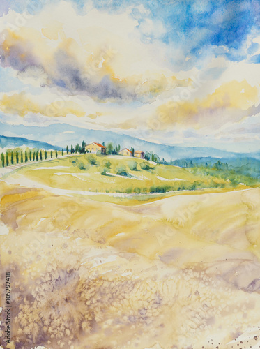 Country landscape with typical Tuscan hills in Italy. Watercolors painting.