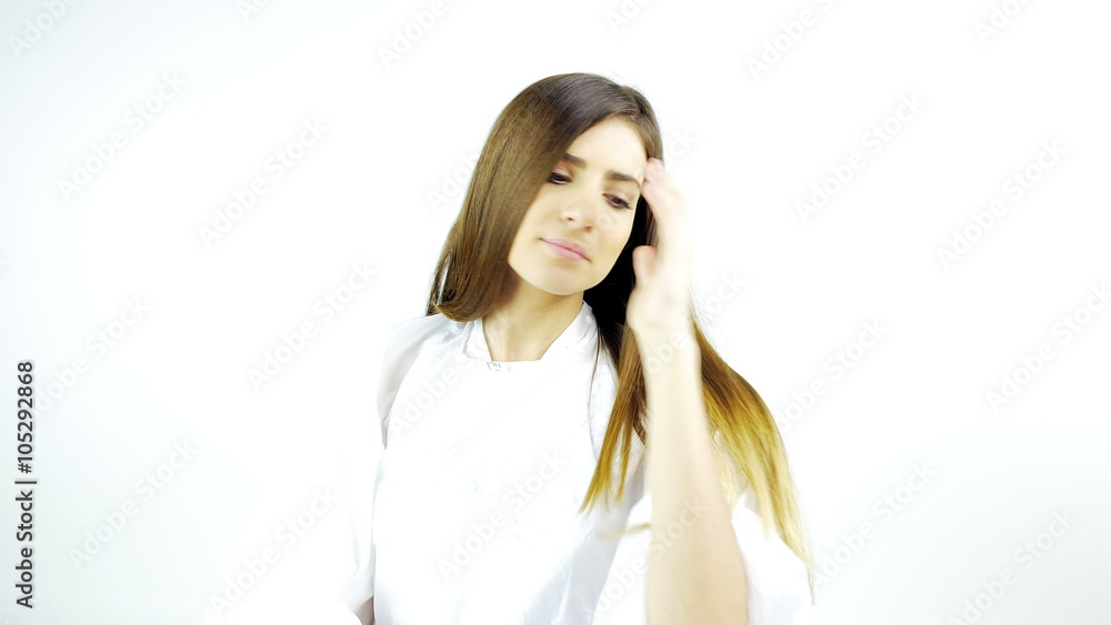 Beautiful woman touching long silky hair after haircut and style isolated Beautiful woman touching long silky hair after haircut and style isolated