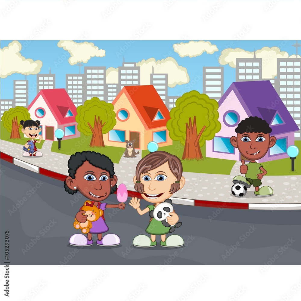 Children playing on the street cartoon