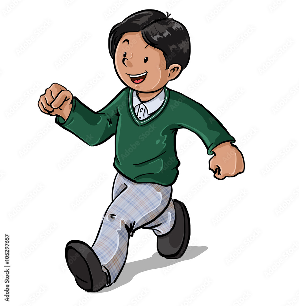Niño con uniforme escolar en colegio caminado feliz Stock Illustration |  Adobe Stock