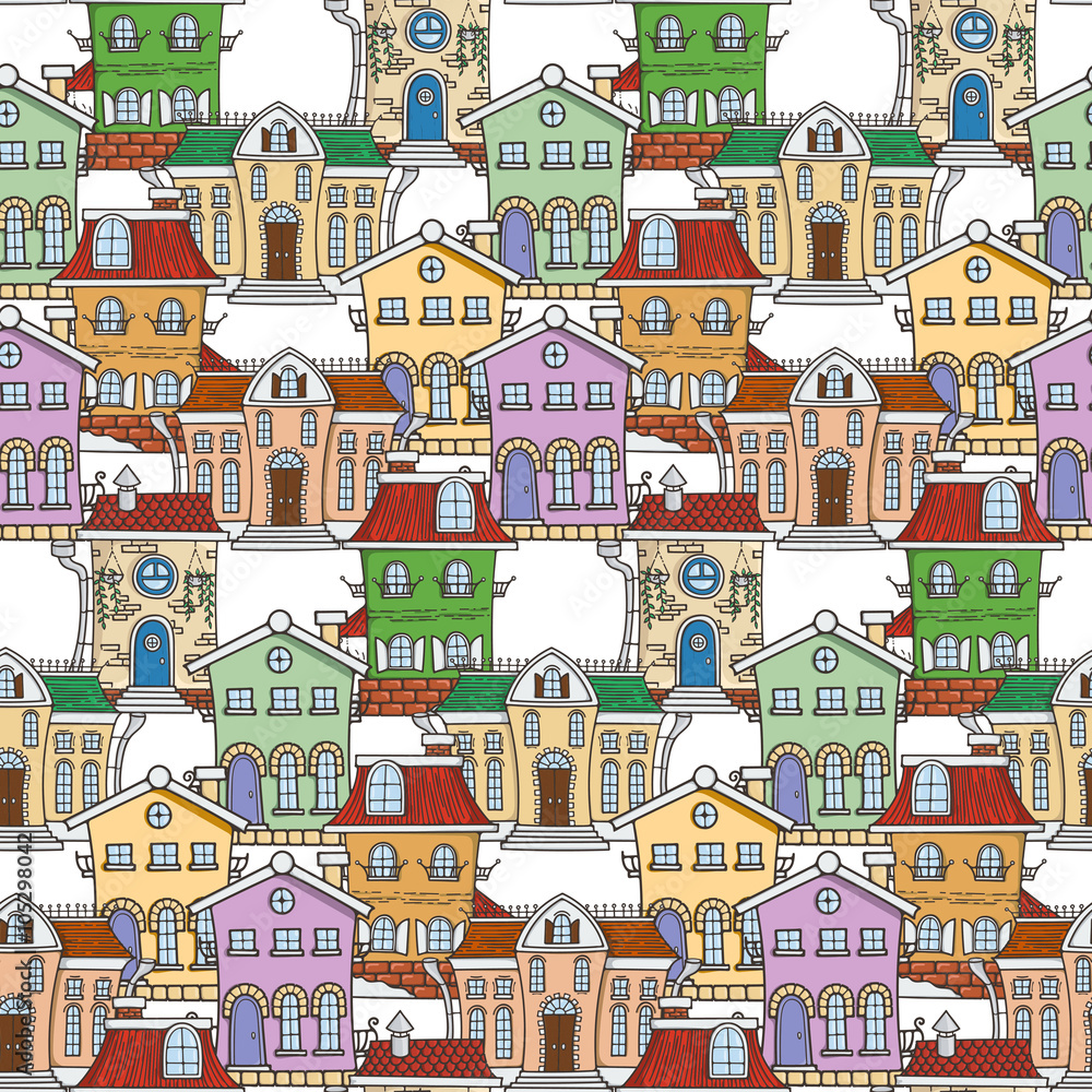 Cute seamless pattern of doodle houses.