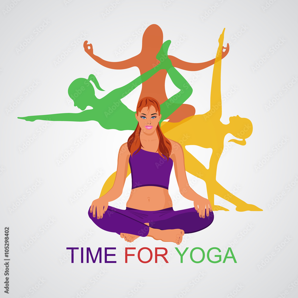 Vector illustration of Yoga poses, woman, Pilates, app,banner  - obrazy, fototapety, plakaty 