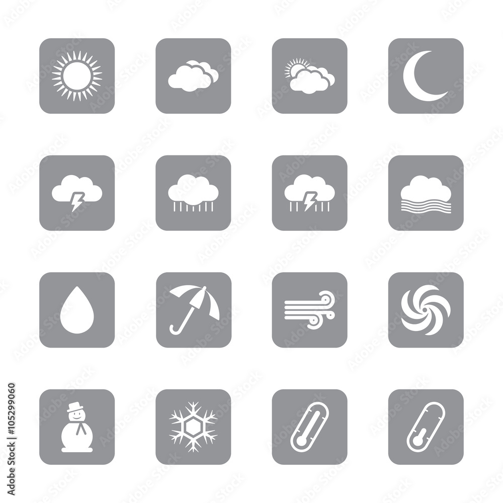 gray flat weather icon set on rounded rectangle for web design, user interface (UI), infographic and mobile application (apps)