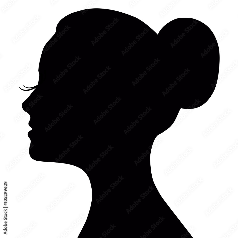 Vector profile of a beautiful girl, logo design. Woman's face with long lashes and neat bun hairstyle (ballet bun).