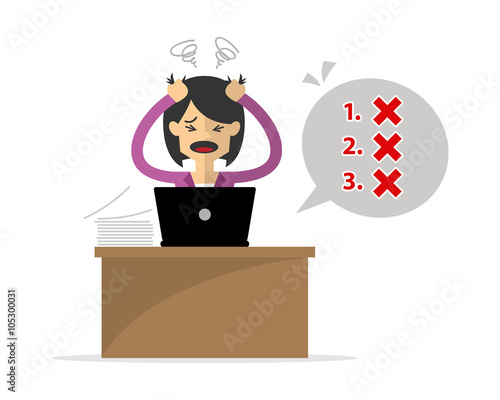 Businesswoman or employee get a headache because her unfinished work