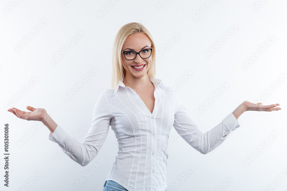 Cheerful smart girl is making a presentation