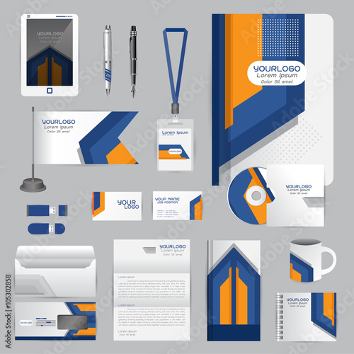 White identity template with blue origami elements. Vector compa